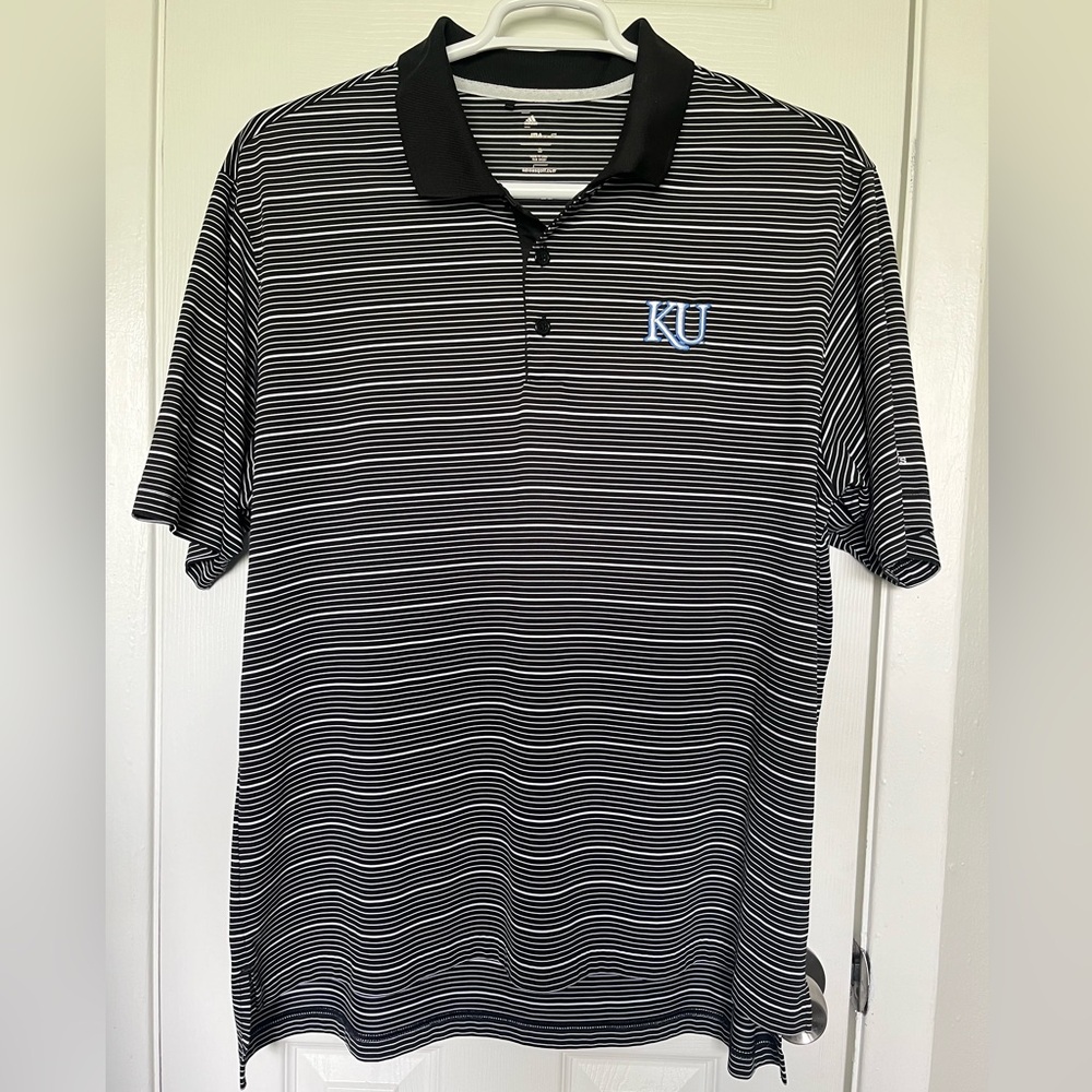 Adidas Golf KU Polo Shirt Men XL B/W Striped Jayhawks Logo Climate Act…